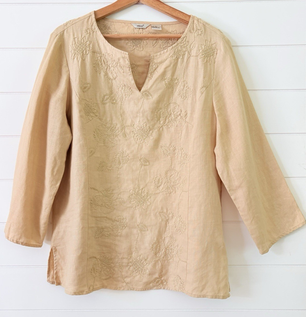 Edward 100% Linen Embroidered Floral Blouse Cream Beige Side Zip XL Cottagecore